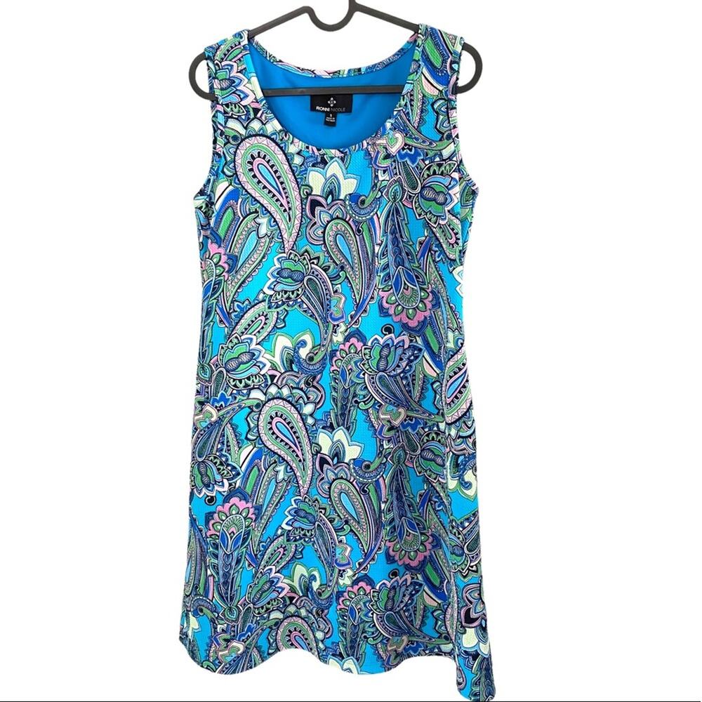 RONNI NICOLE sleeveless Retro Paisley Sheath Dress preppy S cerulean blue midi